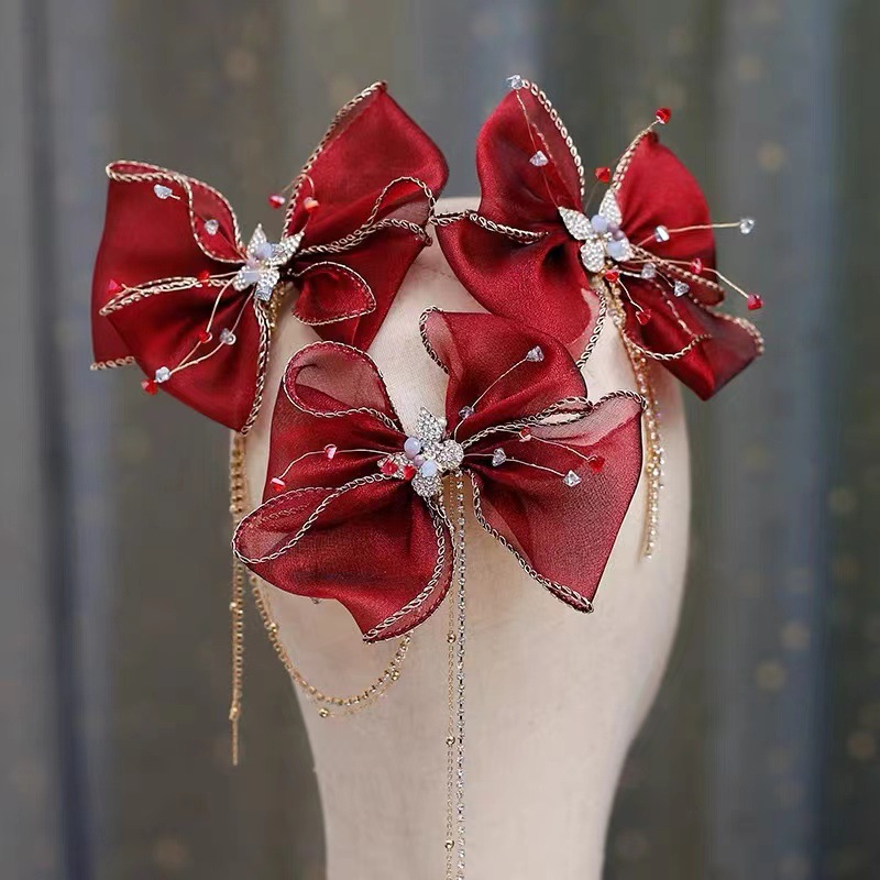 Ethnic Style Headwear Chinese Vintage Wine Red Bow Hair Clip Mori Tie Fairy Beauty Fringe Toasted Dress With Accessories Specification drawing