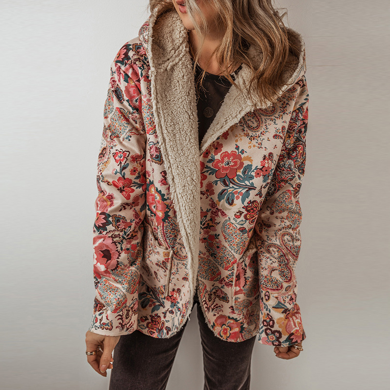 The new fleece hooded jacket for women in the autumn and winter of 2025, with a European and American ethnic style and Paisley printed long-sleeved coat for women