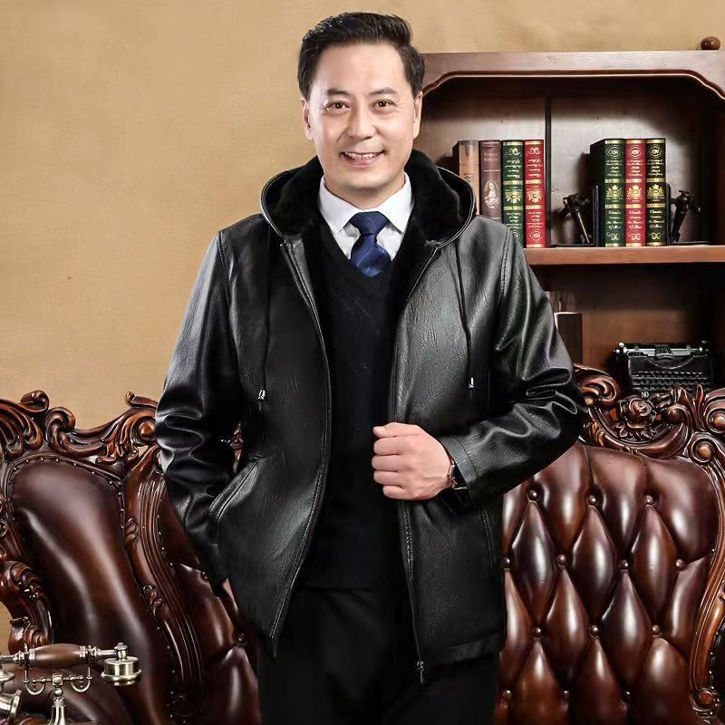 A new winter all-in-one PU leather jacket for middle-aged and elderly fathers, featuring a hooded jacket for middle-aged men with fleece leather