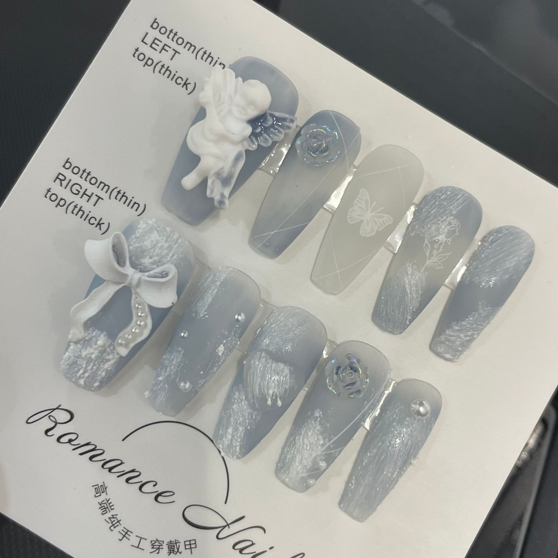 【 Pure Handcrafted Real Shot 】 Cold and misty misty blue gypsum angel rose handcrafted wearing armor false nail manicure Specification image