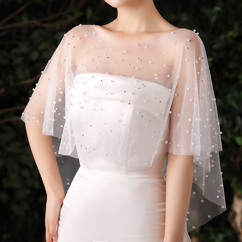 Bride Dress Shawl Wedding Hand-Made Pearl Float Yarn Cloak Wedding Studio Photo Registration Photo Props Woman details Picture