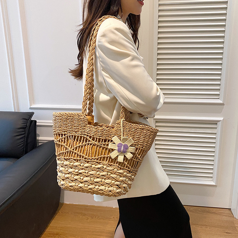 National trend woven straw bag for women, large capacity 2025 new summer seaside travel, summer beach bag, single-shoulder tote bag Specification image