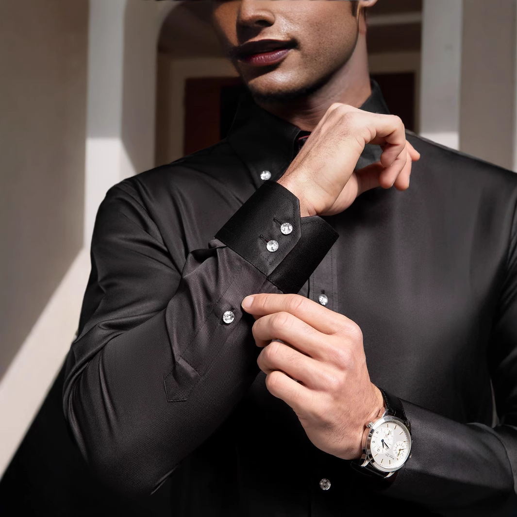 Cross-border foreign trade pointed-neck shirt for men, European size crystal buckle plain men's shirt, high-neck men's shirt, long-sleeved evening dress shirt details Picture