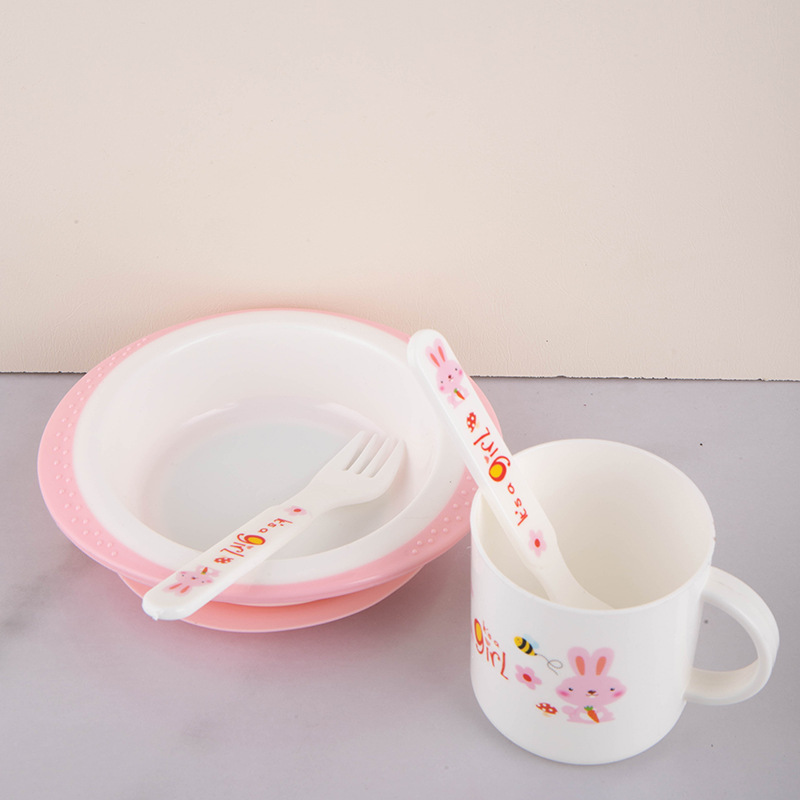 Cross-border wholesale cartoon cute PP children's tableware set of 4 pieces, baby plates, bowls, forks, cups, for mother and baby details Picture