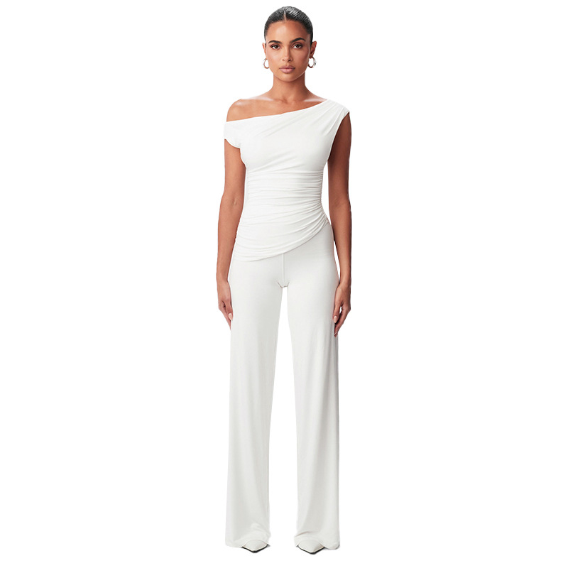 Off-shoulder hollow shrink pleated straight loose pants set Item Picture