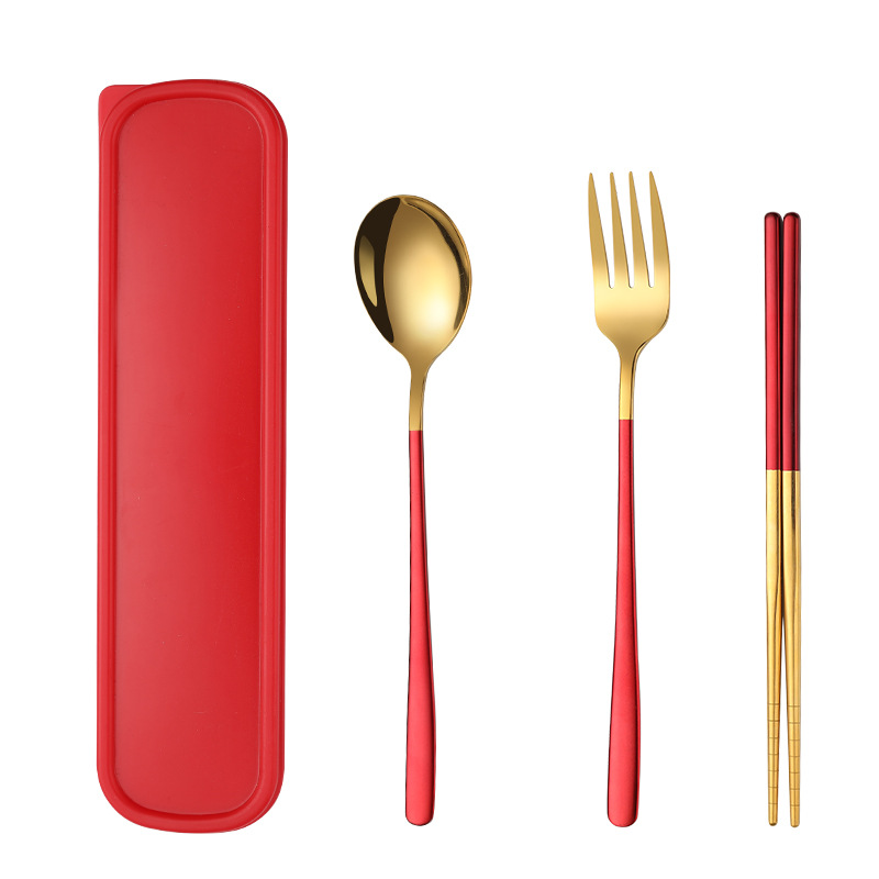 Stainless Steel Portable Tableware Fork Spoon Chopsticks Set Korean Style Three-Piece Outdoor Gift Student Tableware Set Item Picture