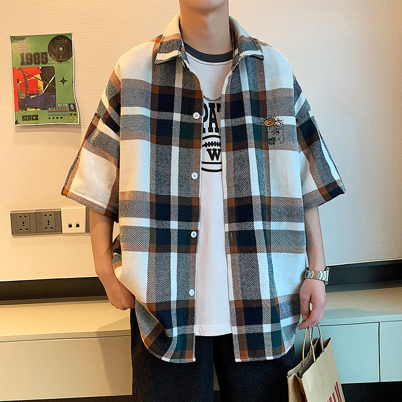 Summer new men's checkered shirt, Japanese style shirt, trendy brand five-quarter sleeve top, Hong Kong-style men's coat, inch shirt for men Application Scenario