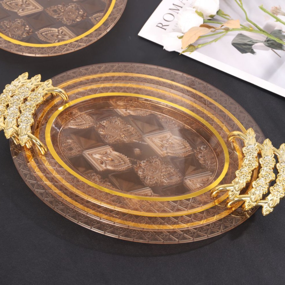 Amber transparent tray, round dining tea tray, coffee table, cups, tea cups and water cups, home living room dinner plate set details Picture