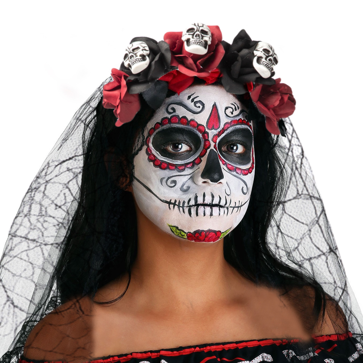 New Halloween headband, colorful simulated flower veil headband, dark style skull spirit hair accessory for women wholesale Application Scenario