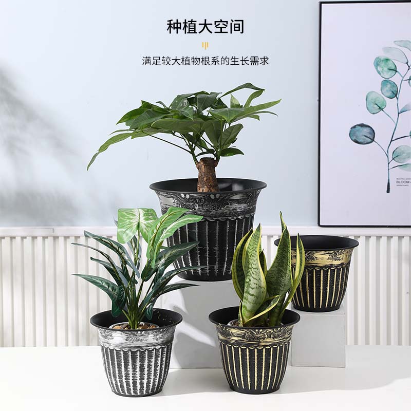 Roman column patterned painted plastic flowerpots, Nordic-style balcony thickened resin planting POTS, green plant root control gallon POTS details Picture