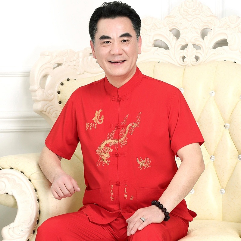 国潮啄木鸟唐装套装中老年刺绣汉服男士夏季短袖中国风T恤男大码薄款T