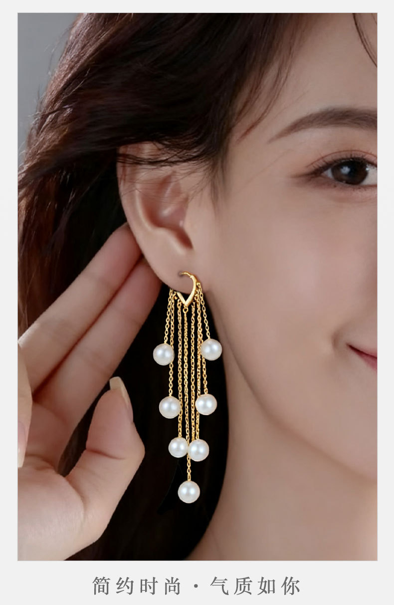 优雅灵动珍珠串长款流苏耳坠时尚高级感铜合金真金电镀精致女耳饰详情7