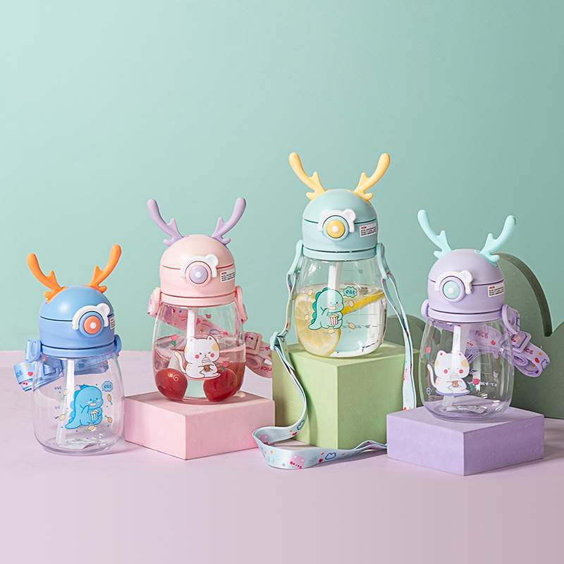 Eben Children's Student Water Cup With Straw Cute Dragon Baby Plastic Cup With Scale Portable Cartoon Kettle details Picture