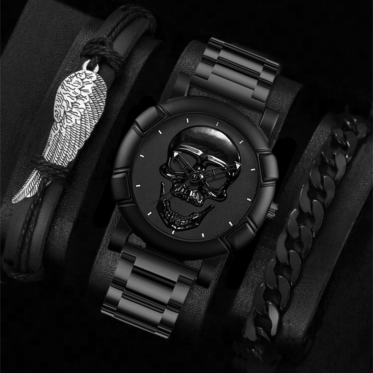 New fashionable large dial, cool skull, trendy men's wristwatch, business dark style cross-border quartz watch Specification drawing