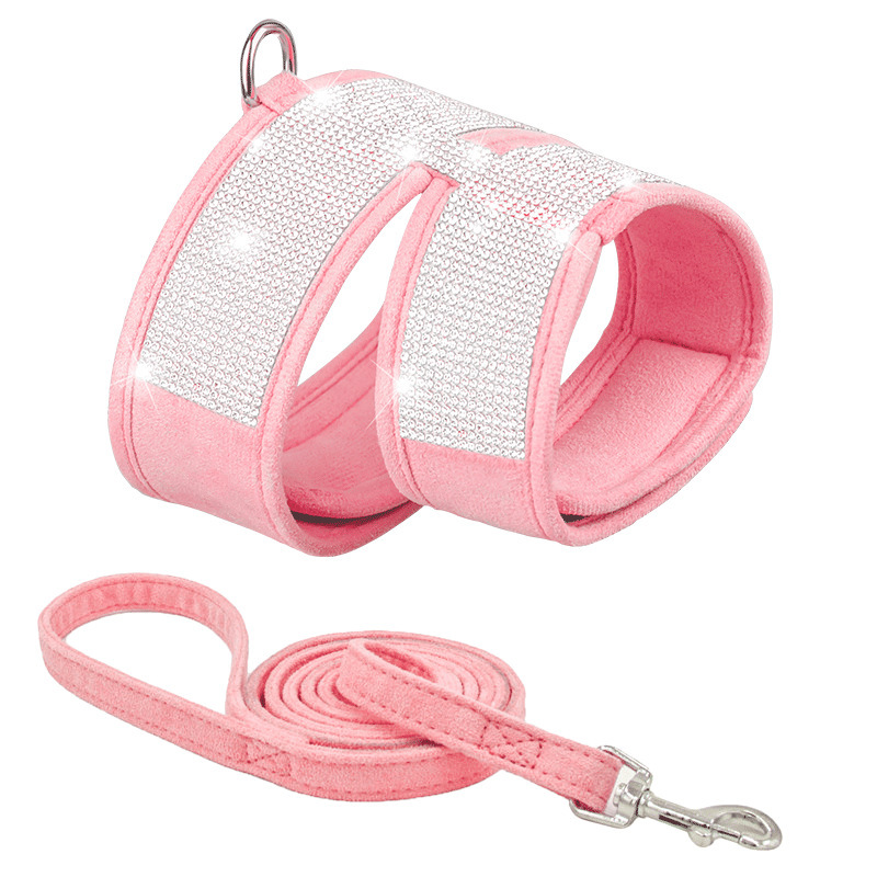 T闪亮水钻宠物牵引绳带麂皮绒舒适狗狗牵引绳宠物胸背遛狗胸背带