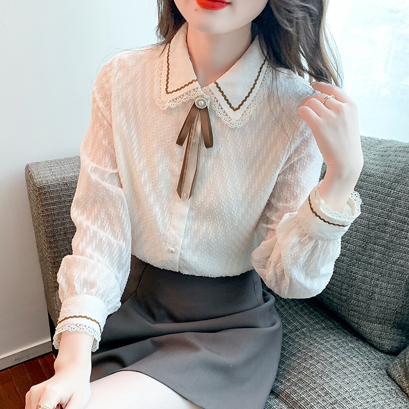 Bow lace shirt women's autumn collection 2023 Autumn New style stylish inner layer long-sleeved base layer blouse for women