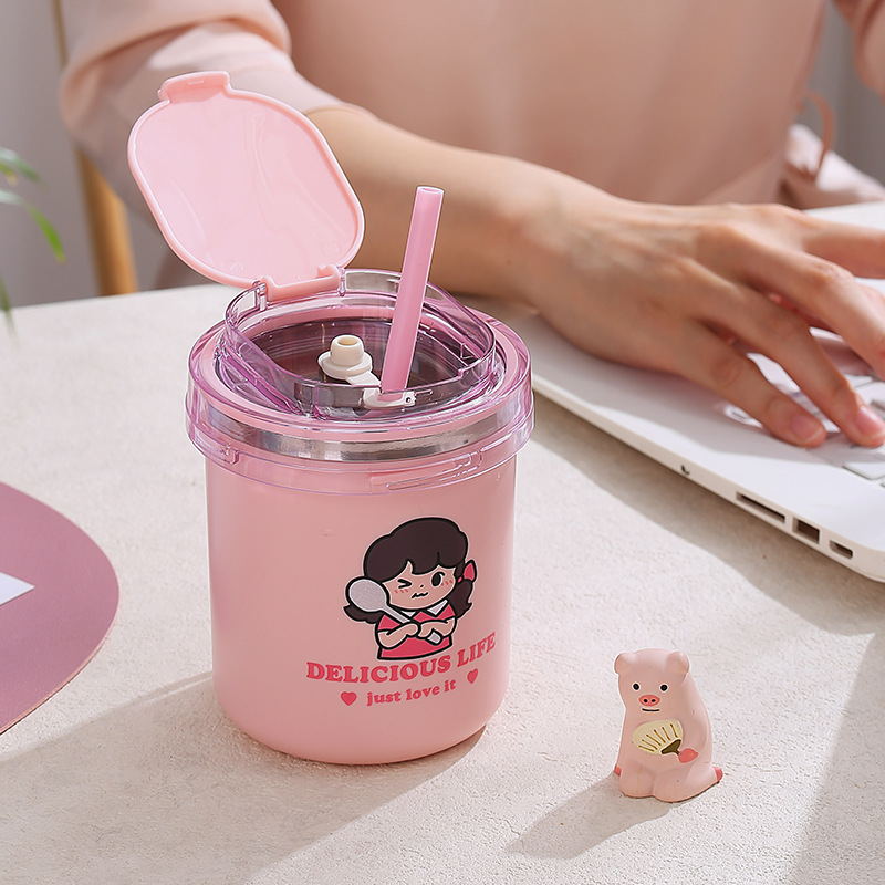 Student portable stainless steel soup cups, cartoon breakfast cups, milk and oatmeal cups, office workers' hand-held lunch nutritious soup cups Specification image