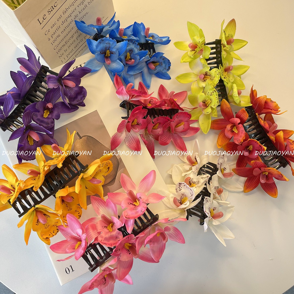 The new best-selling ivory blue grab-clip faux fabric flower hair accessory exudes a high-end atmosphere and is a shark clip accessory for women Specification drawing