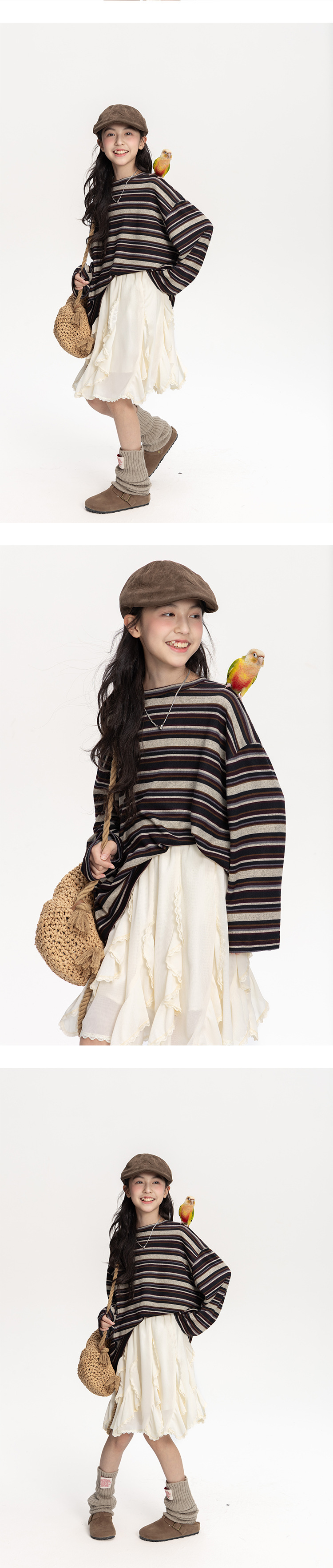 女童撞色条纹长袖t恤2025秋冬新款儿童韩版慵懒风宽松打底衫上衣详情9