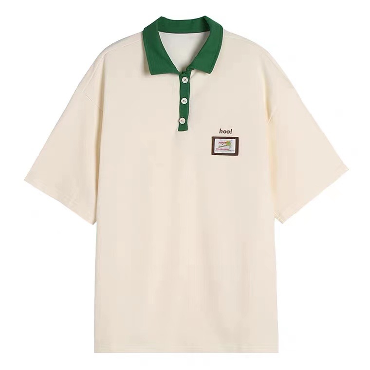 Straight-shoulder pure cotton short-sleeved T-shirt for women with POLO collar and half-sleeve design, a unique and loose Japanese retro style clothing for women on Instagram Item Picture