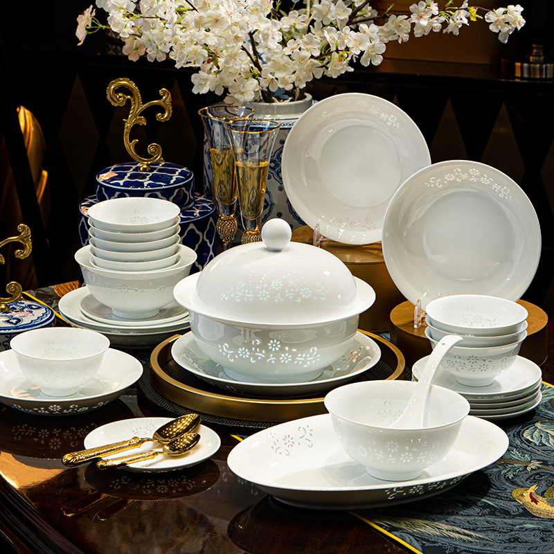 Camel Peak Ceramics Group Jingdezhen Linglong Ceramic Tableware Set, Customized household housewarming gift bowl and plate set Specification image