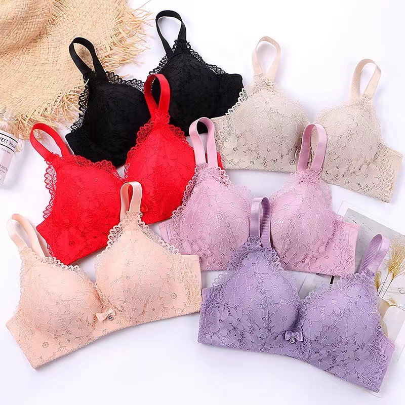Cross-border export lace bras without steel loops, medium thick cup copper fiber lining, small breasts, gathering anti-sagging three-breasted underwear