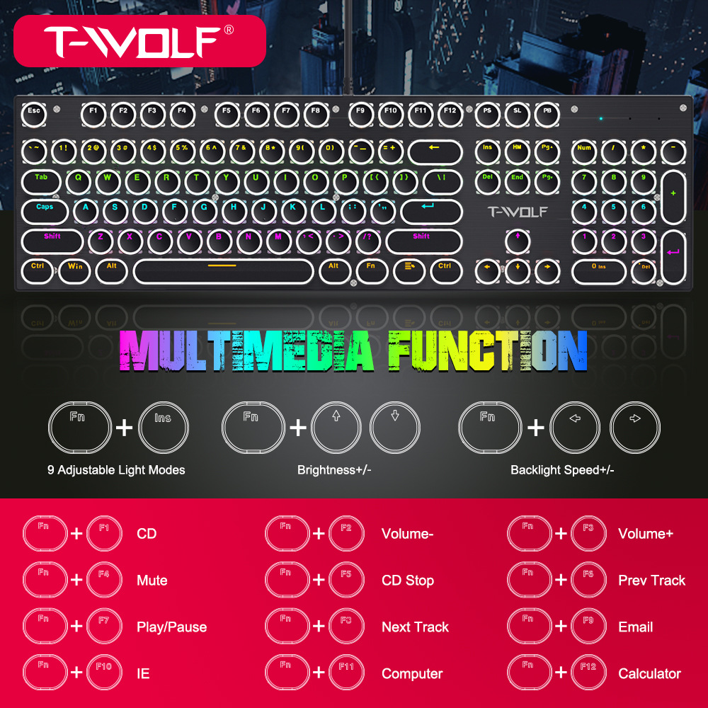 T-WOLF Thunder Wolf T75 Real mechanical keyboard wired RGB mixed light metal esports game retro punk blue axis Specification drawing