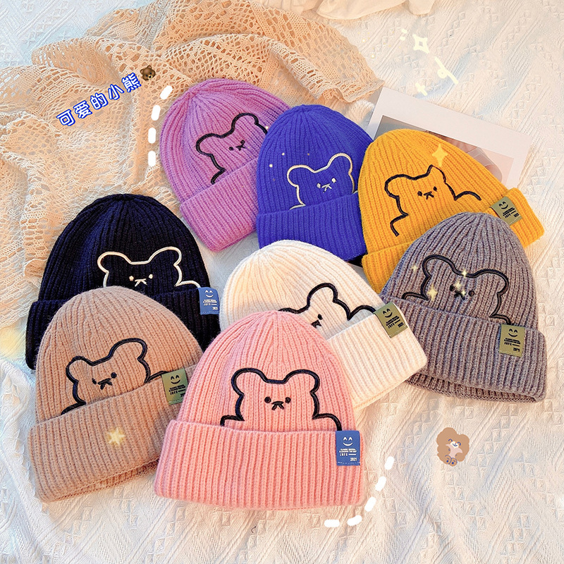 Cute little bear cartoon knitted woolen cap, trendy and versatile on Instagram for children in spring, autumn and winter, ear-protecting and warm cold cap