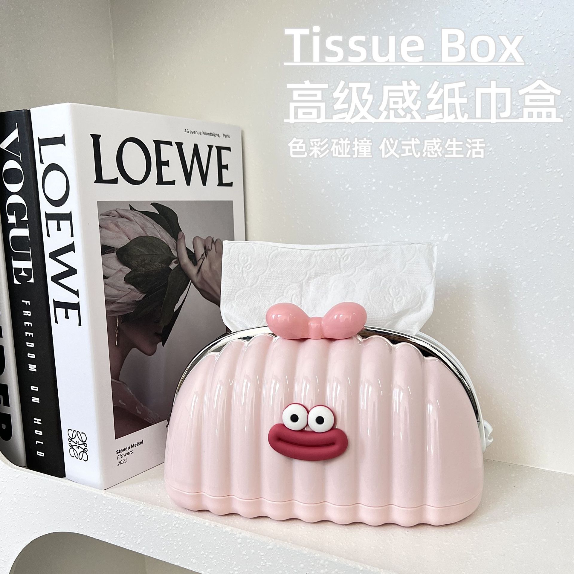 Light luxury spring tissue box, living room coffee table, Nordic-style desktop shell tissue box, cream-style small fragrance tissue box details Picture