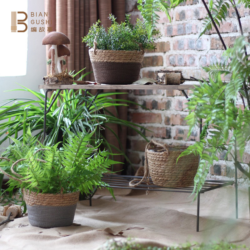Cross-Border Hot Selling Garden Wind Straw Hanging Basket Flower Basket Hand-Woven Hanging Basin Creative Home Pot Pot Set details Picture
