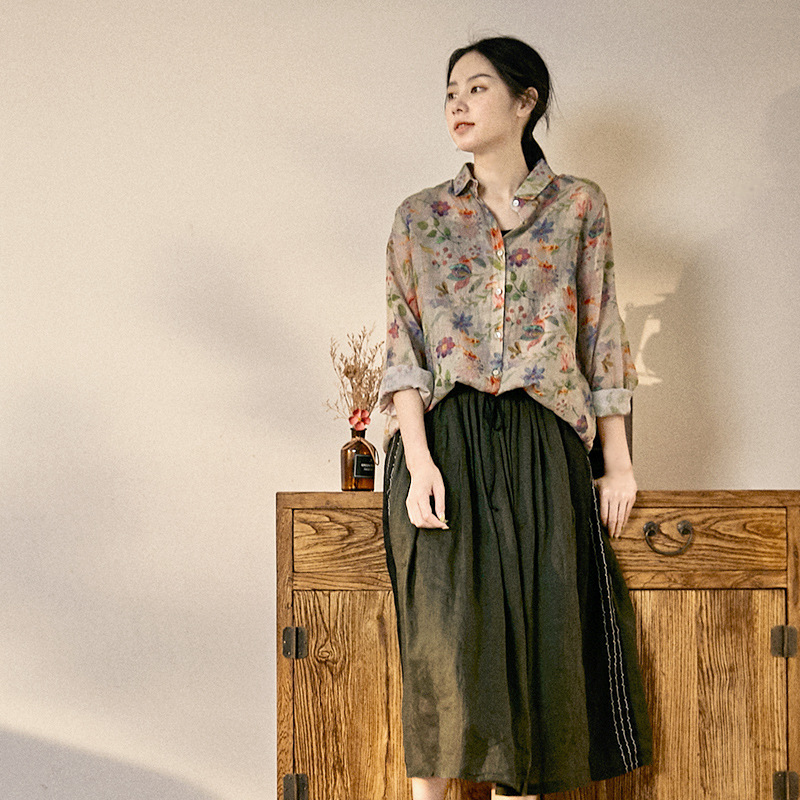 Artistic and versatile long-sleeved printed shirt for women, 2022 Spring and Autumn new large-sized Tense ramie casual top, Trendy 9975 Application Scenario
