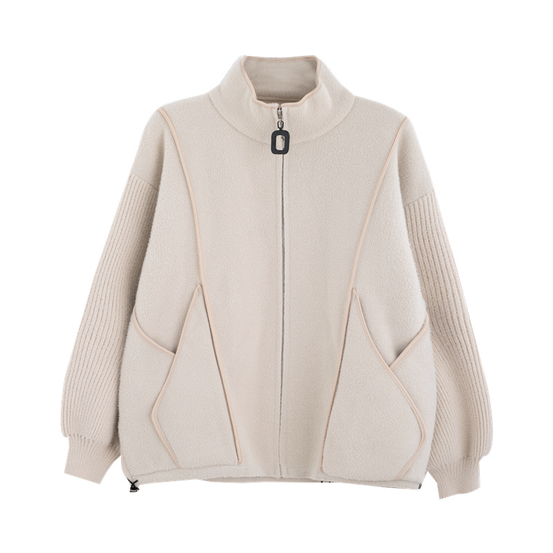 Faux double-sided woolen knitted jacket for women, 2023 autumn new style zipper baseball jacket, short, loose, thick and large cardigan Item Picture