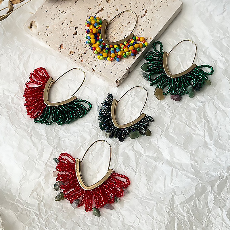 European and American hand-woven rice bead Christmas earrings, cross-border best-selling women's handcrafted large V-shaped tassel earrings wholesale