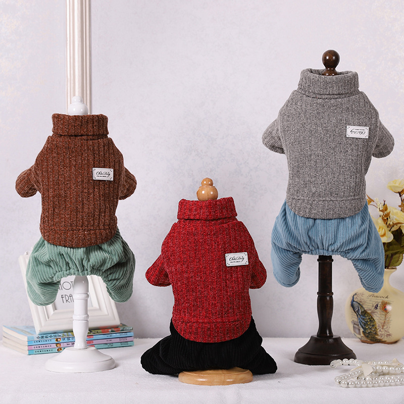 New solid-color fashionable dog four-legged sweater, thickened, warm and comfortable high-neck cat sweater for autumn and winter