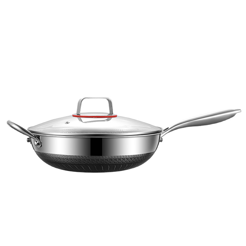 Cross-Border Wholesale Of Stainless Steel Double-Sided Wok, Low Oil Fume, Honeycomb Flat-Bottom Non-Stick Cooking Wok, Household Gas Induction Cooker Item Picture