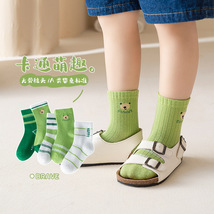 2023儿童春夏季袜子中筒透气防臭袜绿色小熊棉袜中大童童袜子批发