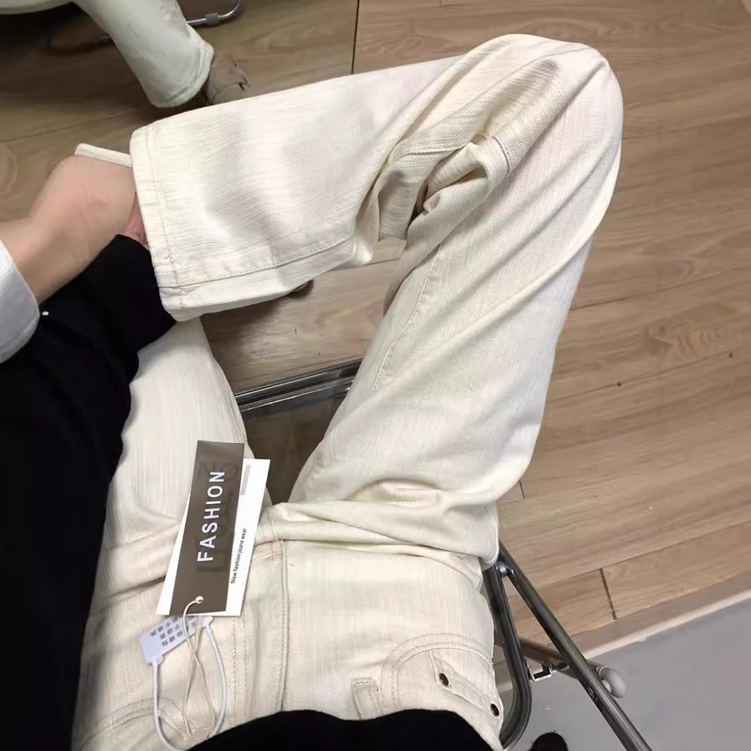 Light apricot vertical striped narrow straight-leg jeans for women, new spring and autumn style, a niche high-waisted, slimming wide-leg floor-length pants Specification image