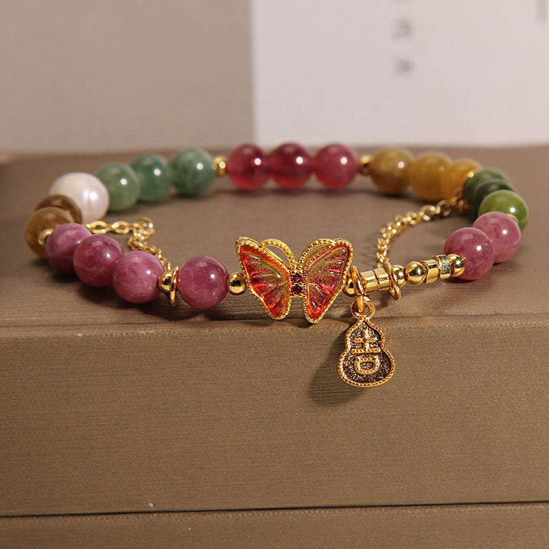 Versión coreana pequeña pulsera fresca y colorida de cristal de fresa para mujeres ins nicho de la luz de lujo micro con circonitas lazo pulsera pulsera de cristal pulsera de cristal de alta sensibilidad pulsera de cristal accesorios