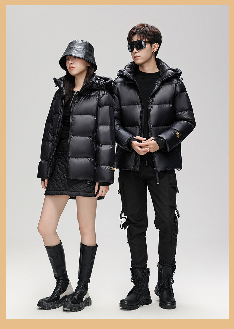 Black and gold short couple down jackets for both men and women, winter thickened hooded down jackets, warm outerwear, printed for cold protection pic 13