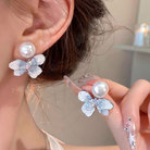925银针清冷感蓝色花朵珍珠耳环女2024年新款爆款高级感耳钉耳饰