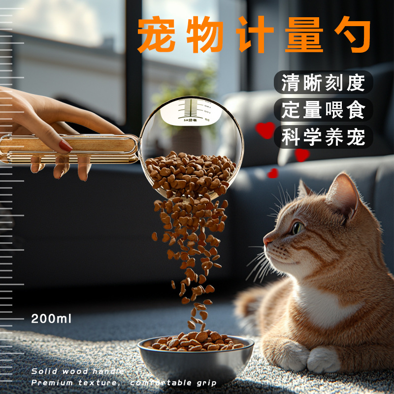 Pet food spoon, light luxury wooden handle with scale, measuring spoon for cats and dogs, large-capacity pet measuring spoon Specification image