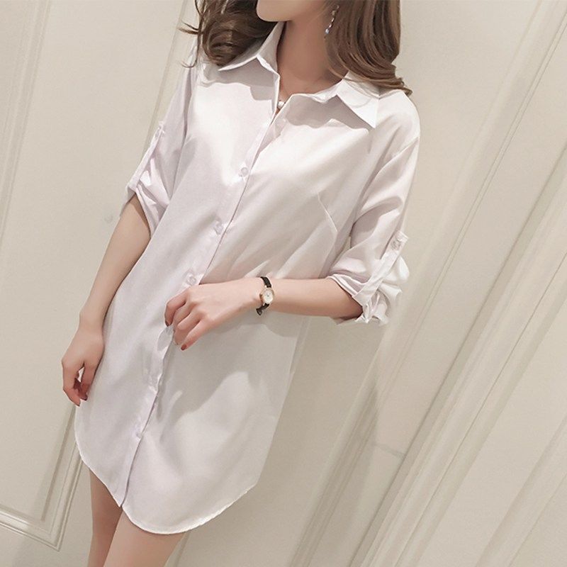 New long-sleeved, loose Korean style, versatile, large-sized women's mid-length BF base shirt, inch women's style Item Picture