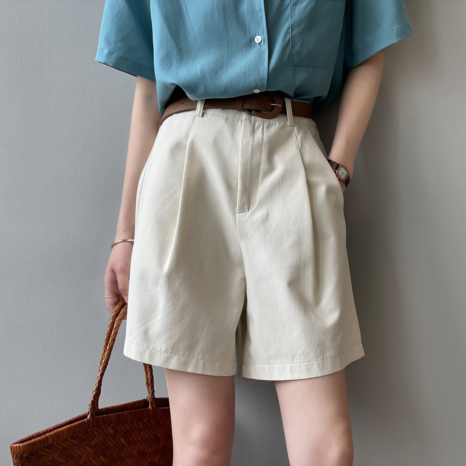 Women's workwear shorts 2022 Spring/Summer new Korean-style high-waisted, slimming loose straight-leg wide-leg casual pants