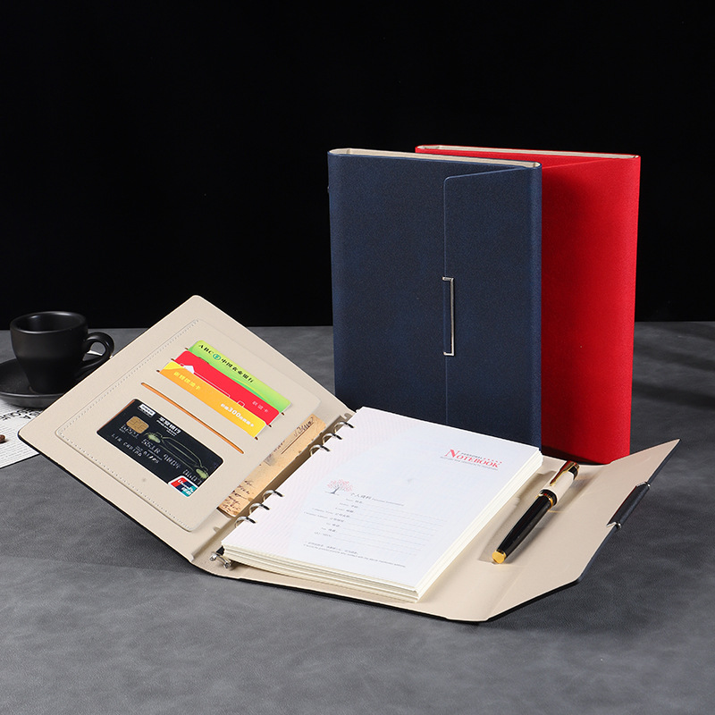 Loose Leaf Three Folding Notebook High-End Business Pu Leather Buckle Meeting Office Records Can Print Logo Stock Application Scenario