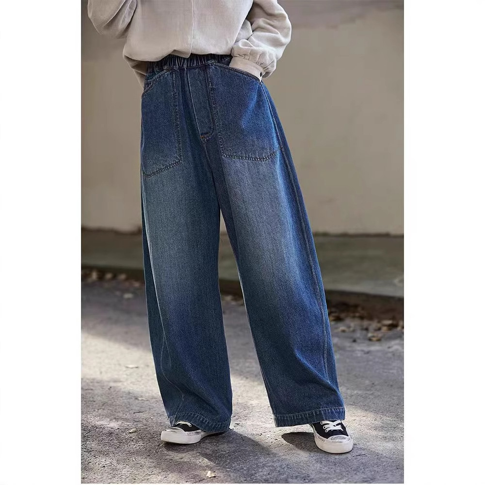 2025新款秋冬海蓝色纯棉加厚宽松休闲文艺阔腿裤松紧腰弯刀牛仔裤