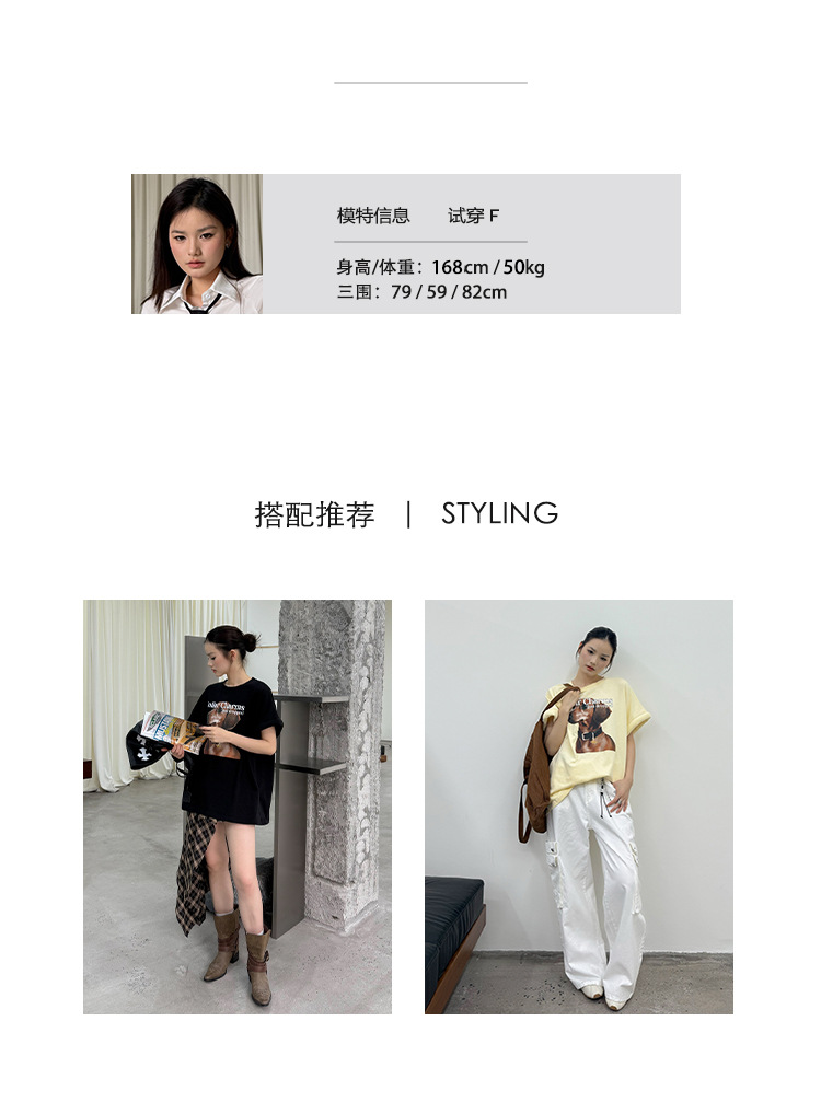 INSS 女装夏季美式复古腊肠狗印花T恤女十三行新款宽松短袖上衣详情3
