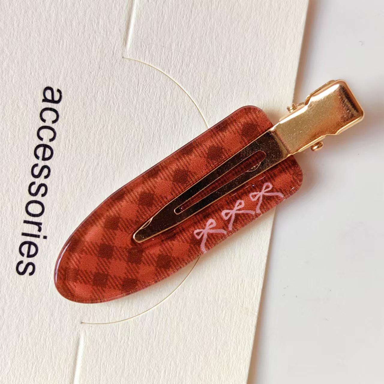 酒红蝴蝶结格纹醋酸无痕夹化妆夹圣诞新年气质刘海夹碎发夹头饰女详情11