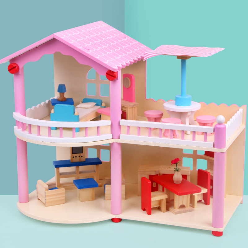 4-6 years old wooden cute pink simulation boys and girls play every double-storey villa children's doll house wholesale full figure