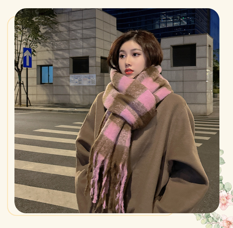 时尚韩版格子仿羊绒围巾冬季保暖加厚撞色彩色学生情侣围脖长巾详情3