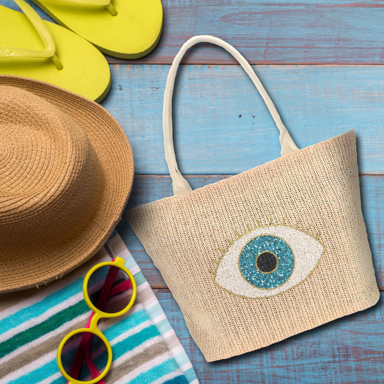 New cross-border canvas bag, fashionable beach bag, niche embroidered eye bag, hand-held papyturf bag, large-capacity crossbody bag Specification image